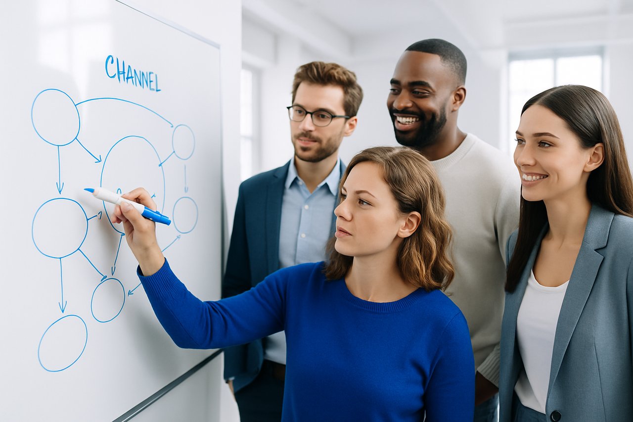 Team mapping out a channel strategy on a whiteboard