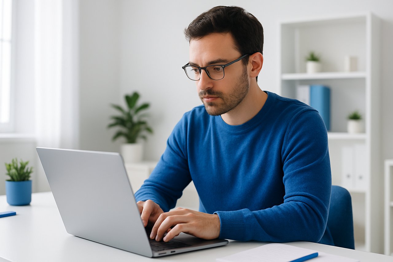 Founder writing a podcast pitch on laptop in a focused workspace