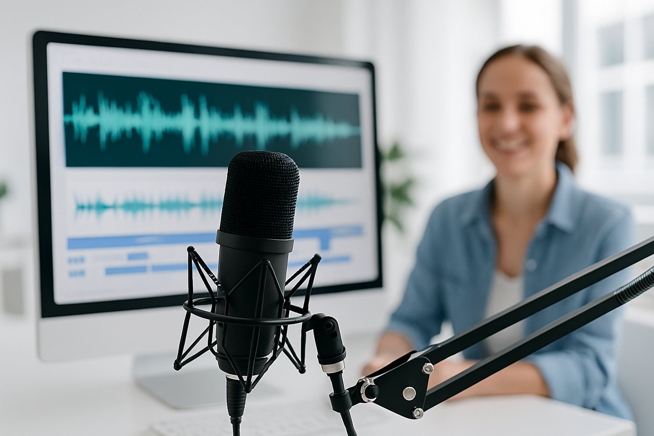 Podcast microphone in front of an editing screen