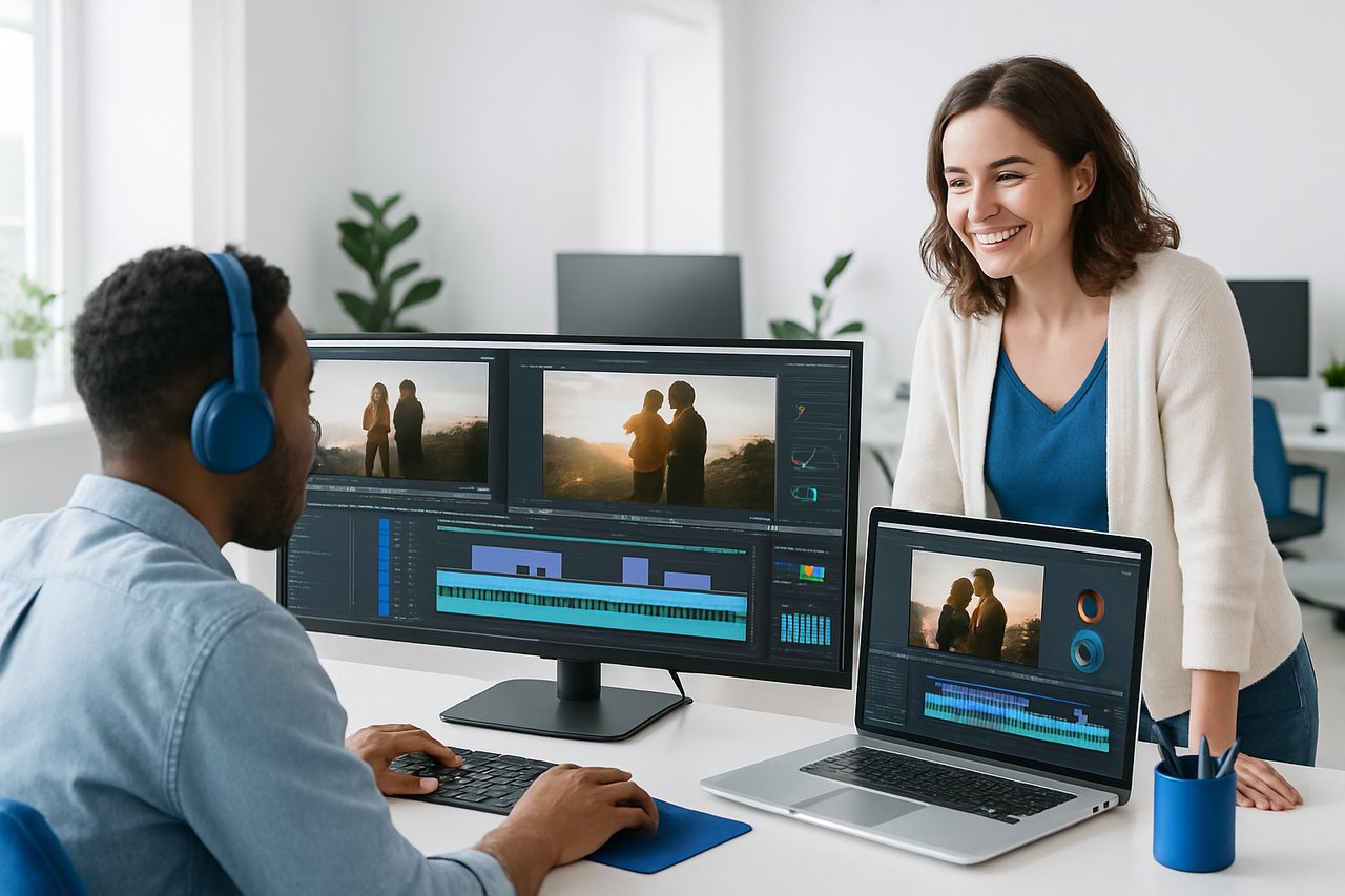 Studio setup with multiple screens showing video editing
