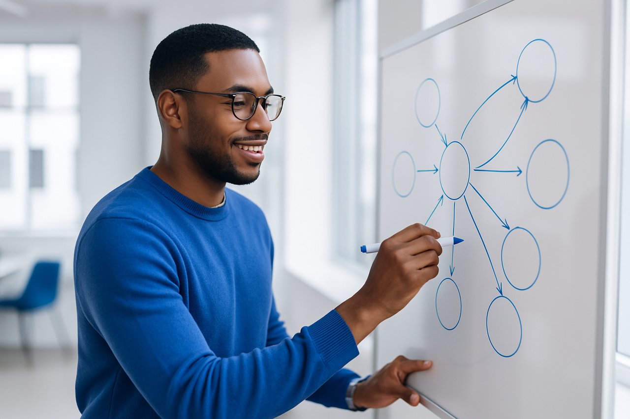Strategist mapping channels on a whiteboard