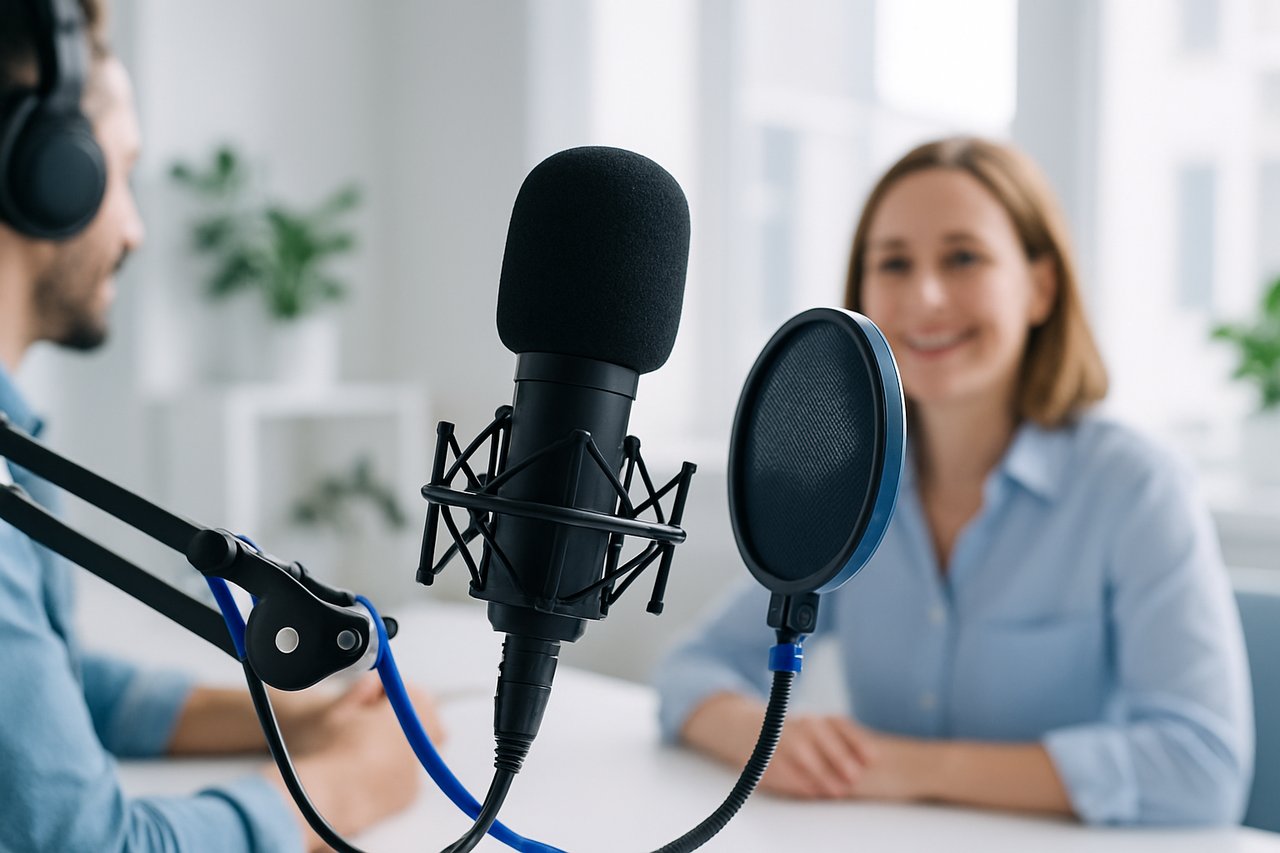 Podcast microphone in a recording studio