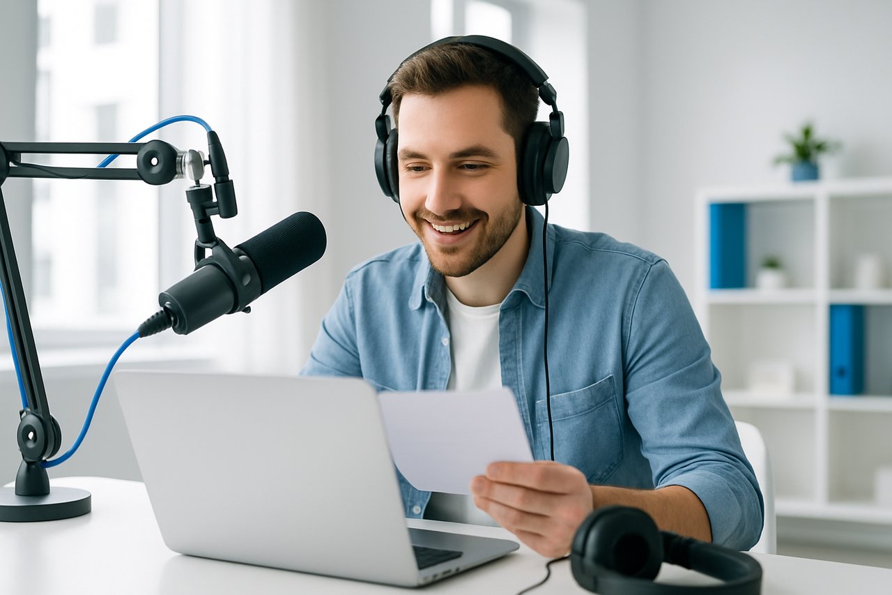 Podcast host in a recording studio reviewing pitch emails