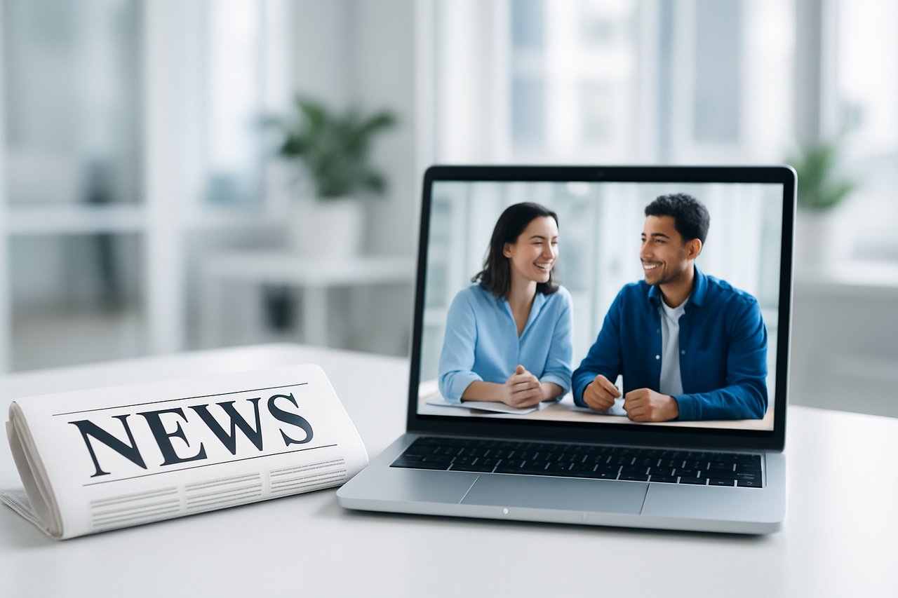 Newspaper masthead and laptop showing editorial publication
