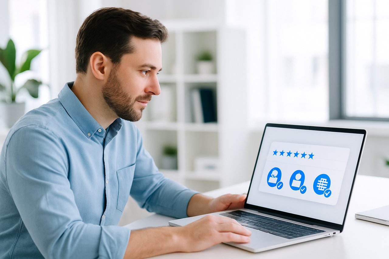 Founder reviewing website credibility section on laptop