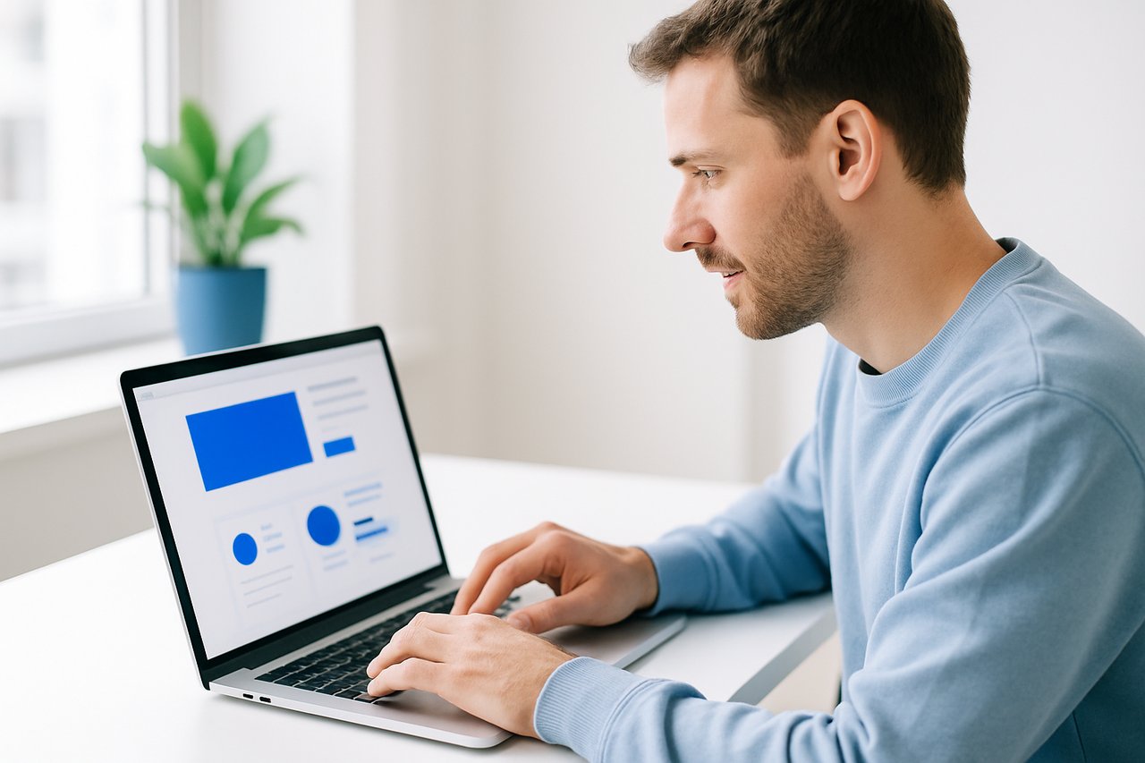 Person clicking through a website on a laptop