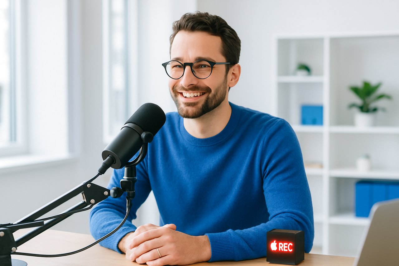 Founder seated at a podcast microphone with the recording light on