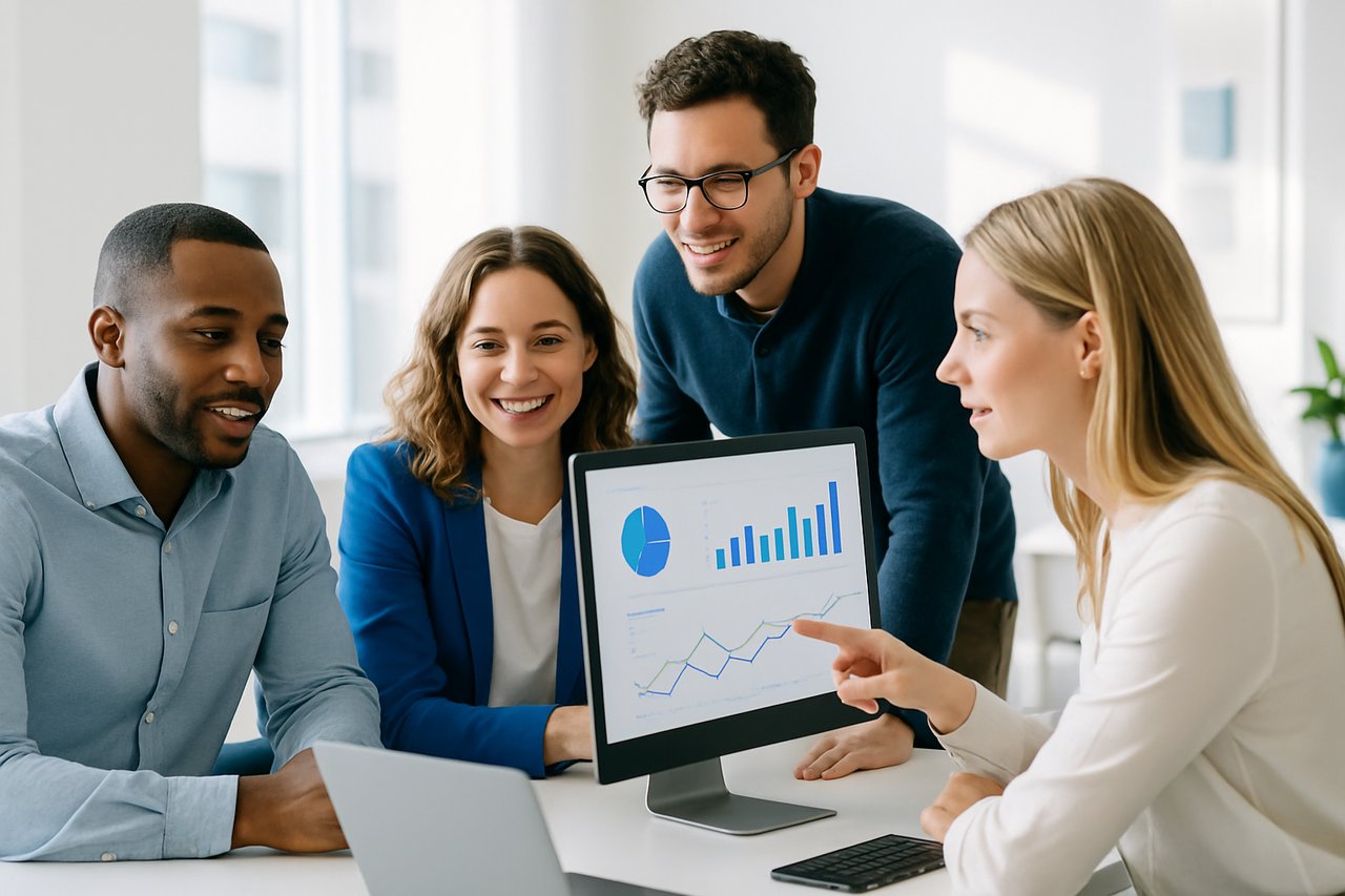 Sales team reviewing outbound performance dashboards