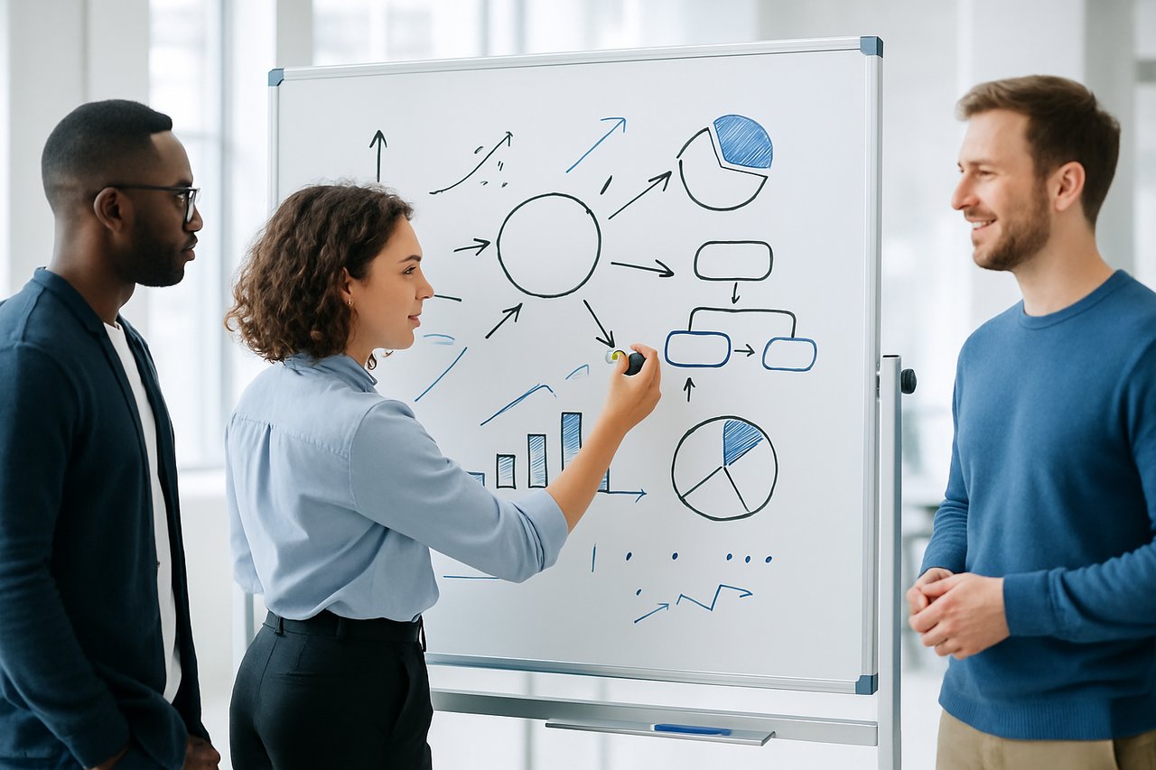 Whiteboard with strategy planning notes