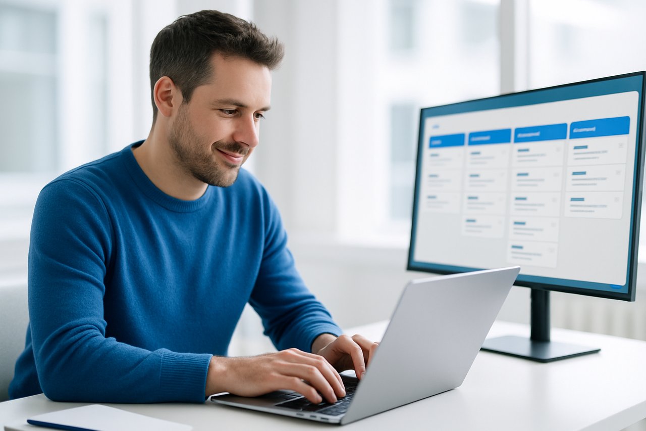 Founder typing a post on a laptop with sales pipeline visible on a second screen