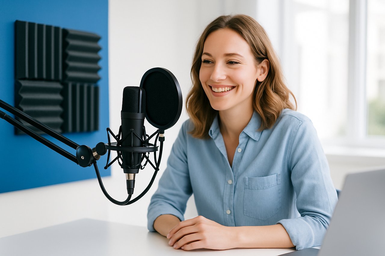 Podcast recording setup with microphone and soundproofing
