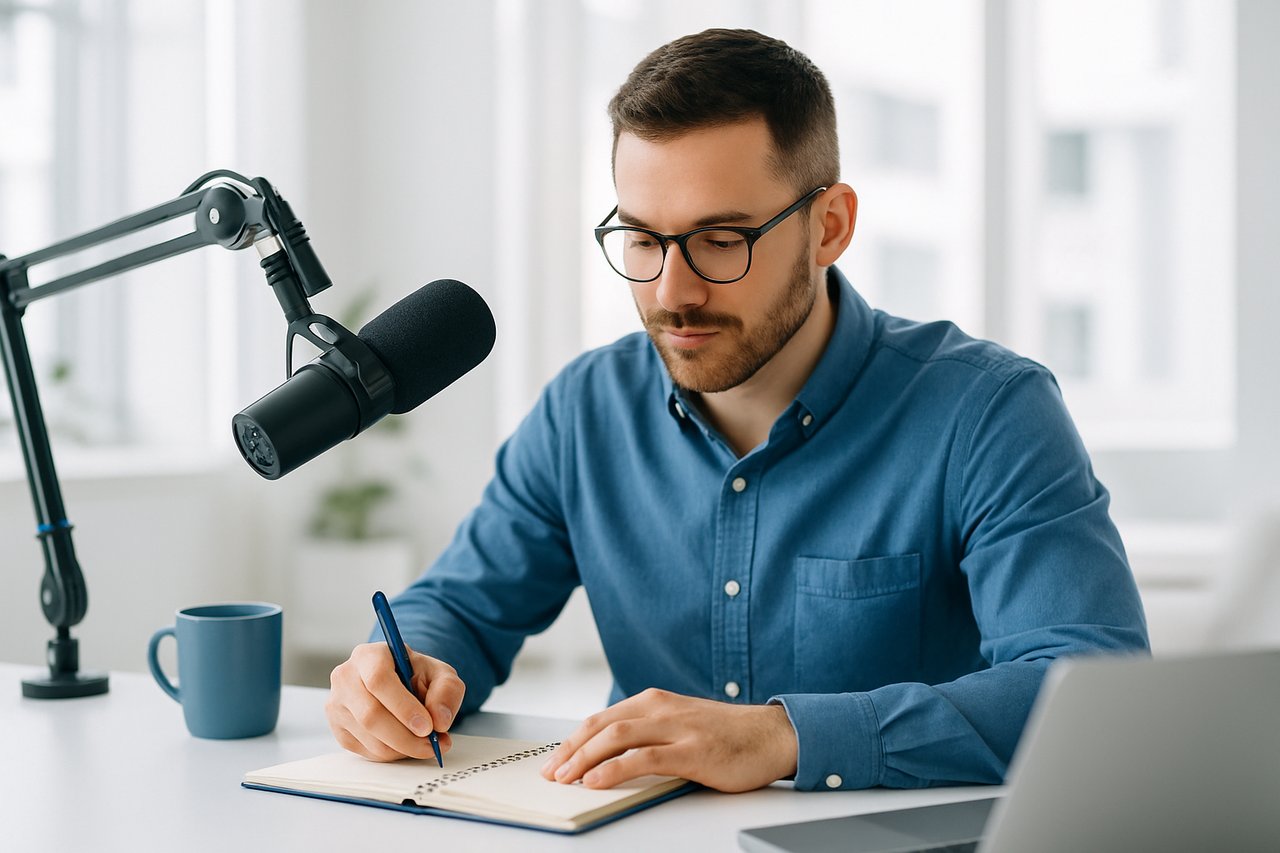 Founder preparing notes before a podcast recording