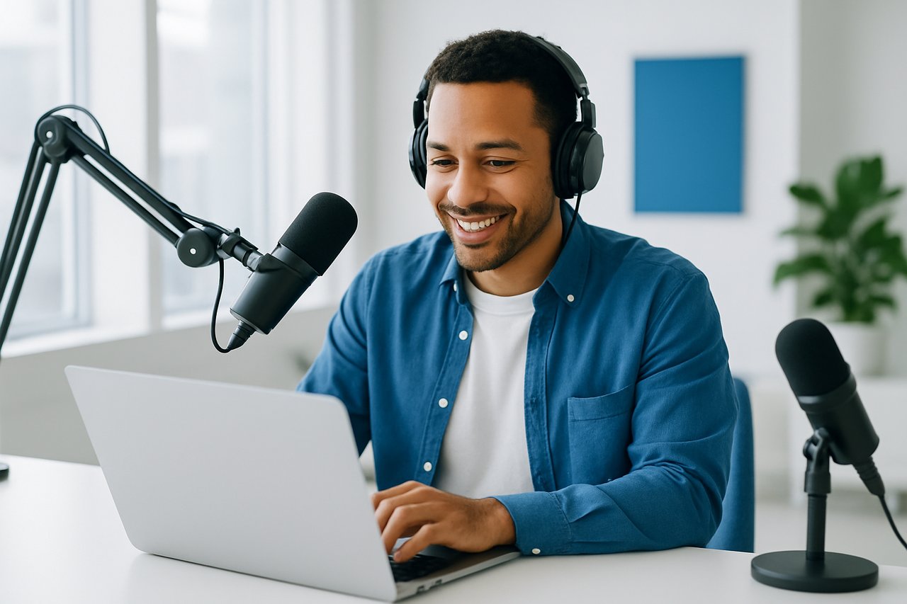 Podcast host in a recording studio reviewing emails on a laptop