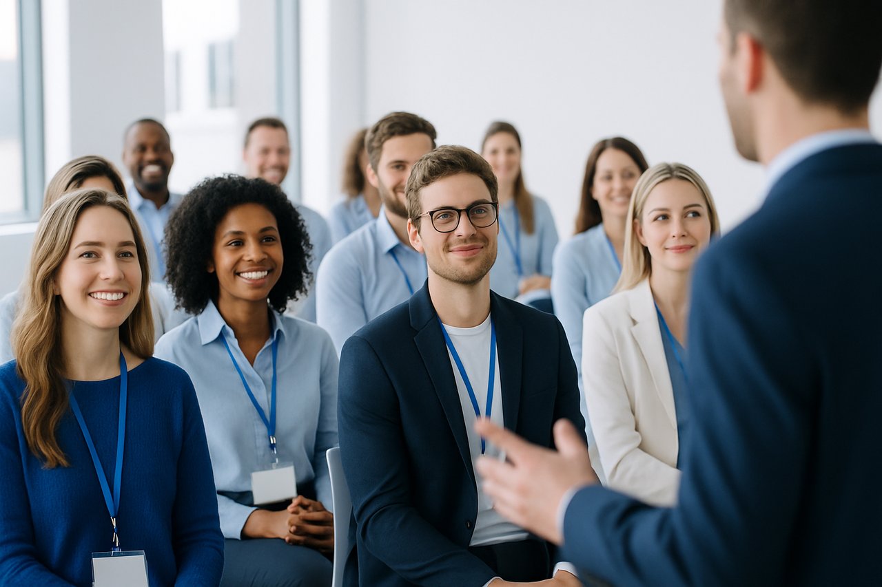 Conference audience listening to a speaker